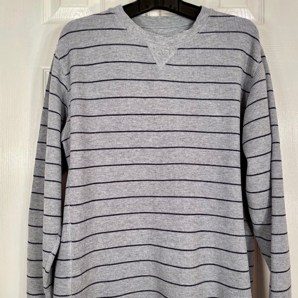 LL BEAN THERMAL TOP HEATHER GRAY w BLUE STRIPE L - Picture 2 of 6